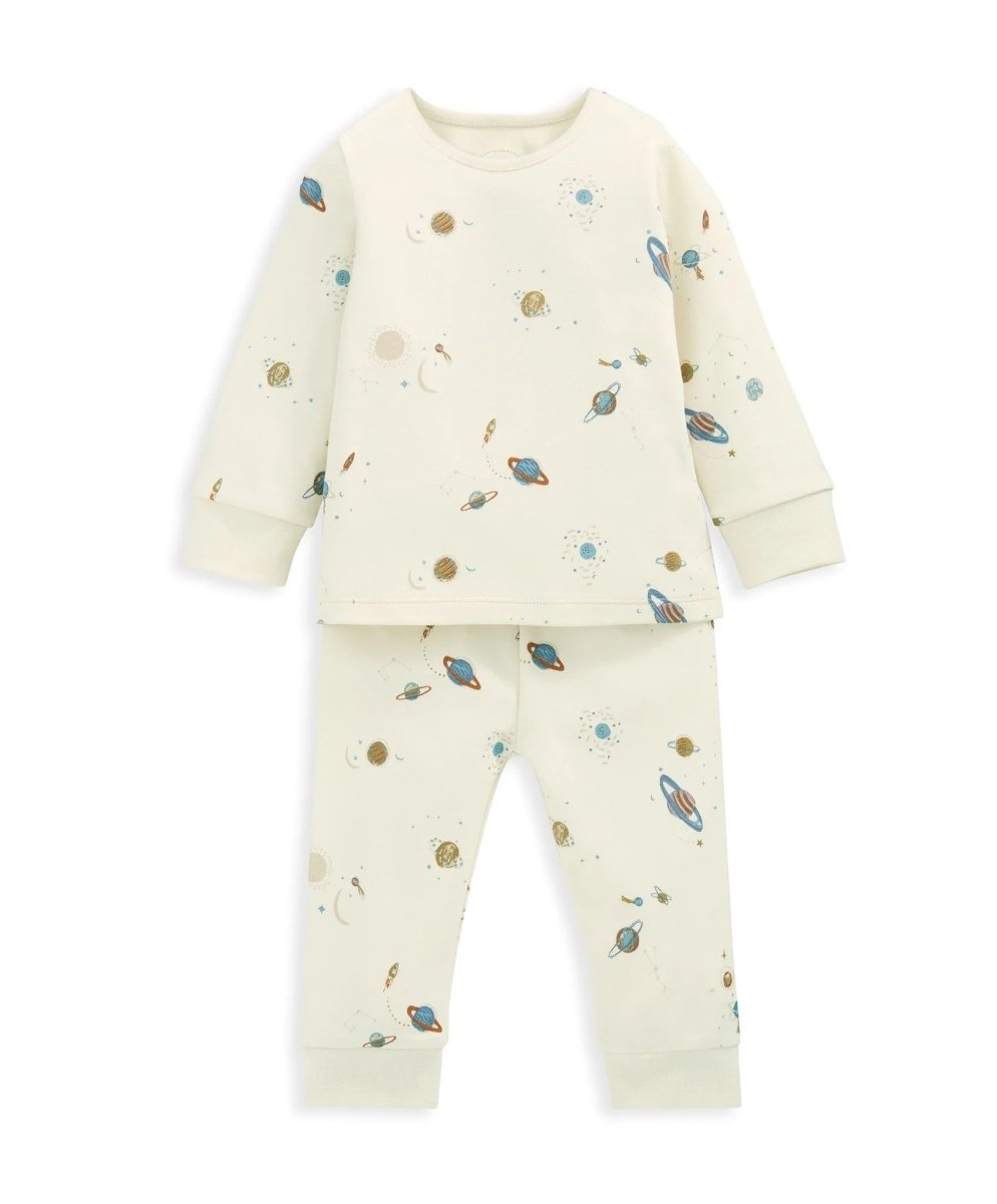 Cream planet-print pajama set, long-sleeve top and ankle-length pants