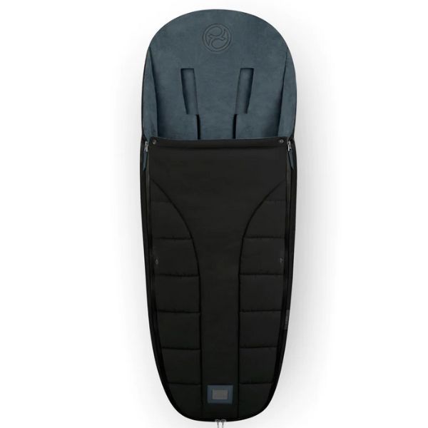 Black footmuff with front zipper and padded lower panels, hooded top.