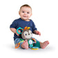 Take-along activity toy plush animal with teal ring and colorful textured straps.
