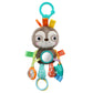Plush animal take-along activity toy with teal handle loop and circular front panel.