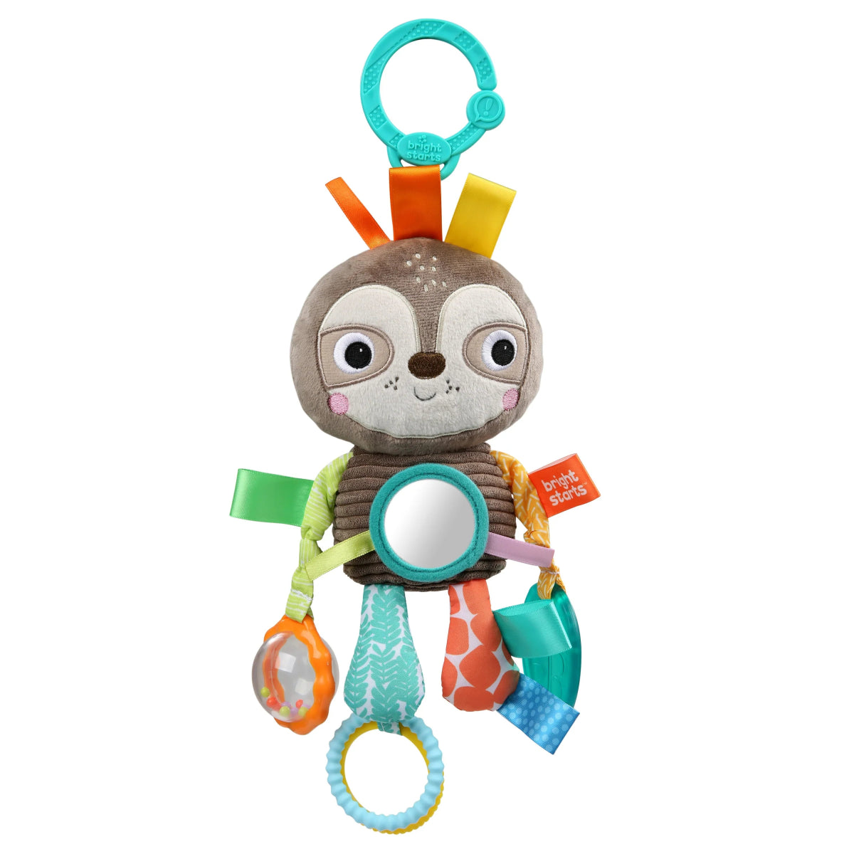 Plush animal take-along activity toy with teal handle loop and circular front panel.