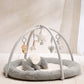 Elephant playmat gym with arch and five hanging plush toys, gray round cushion