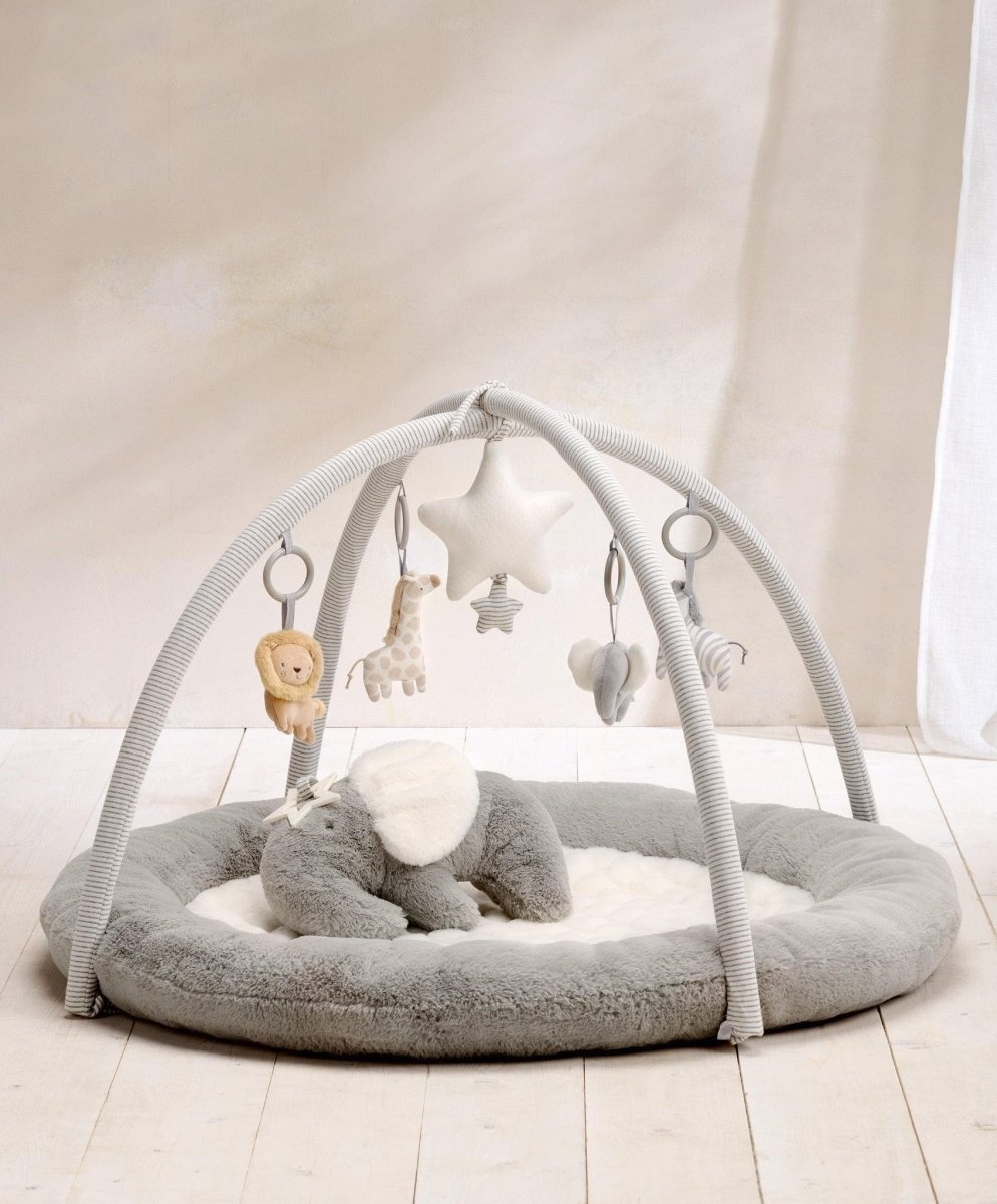 Elephant playmat gym with arch and five hanging plush toys, gray round cushion