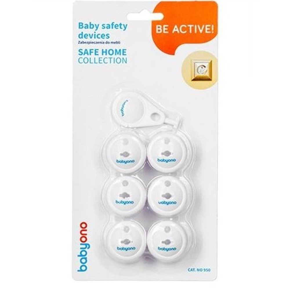 Retail blister pack of white electrical outlet safety plugs with round caps