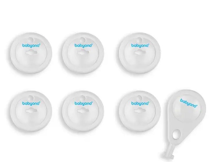 White electrical outlet safety plugs, round caps with finger pull, set of 6
