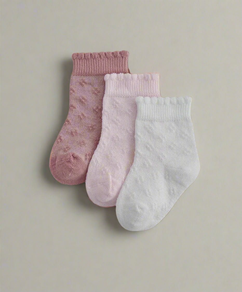 Pointelle knit socks, 3-pack: mauve, light pink, and white crew socks.