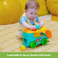 Ball pop bus toy with lever top, teal trunk and three colorful balls