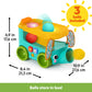 Ball pop bus toy, teal body with green wheels and yellow top; 3 balls included