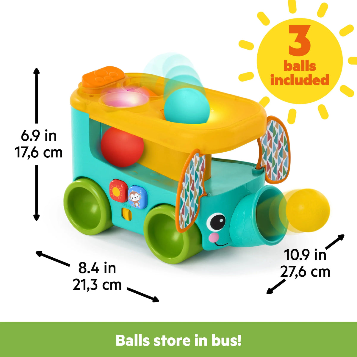 Ball pop bus toy, teal body with green wheels and yellow top; 3 balls included