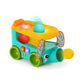 Ball pop bus toy with yellow top and blue body, green wheels, colorful launch balls