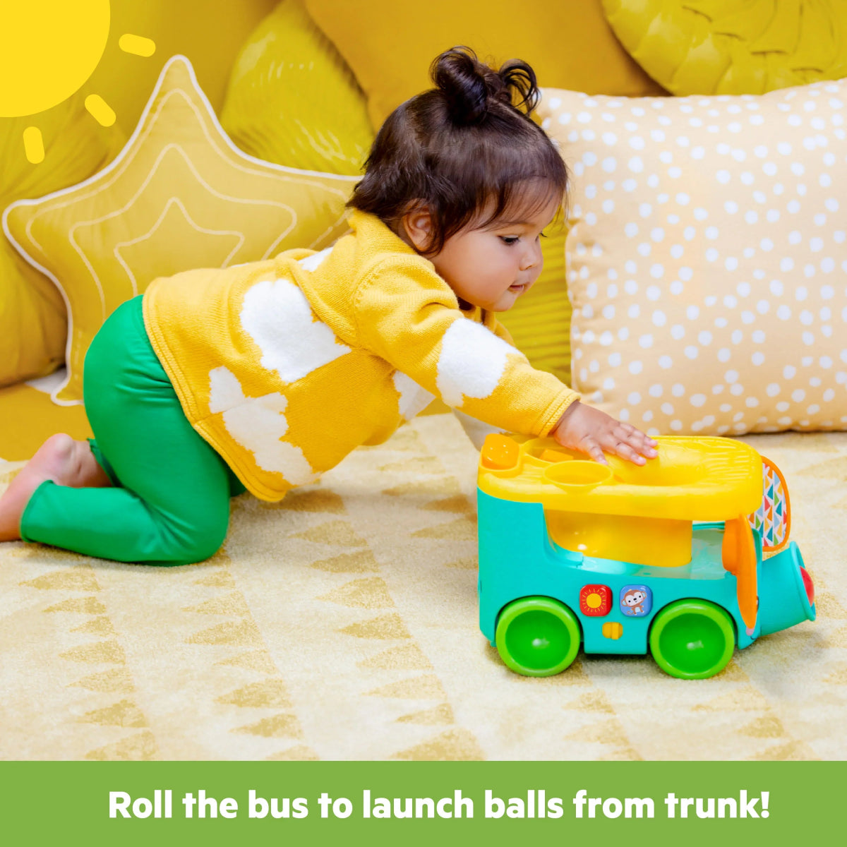 Ball pop bus toy with yellow rolling lid and patterned side handles