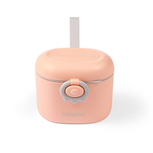 Portable milk powder dispenser, pink round container with flip spout and carrying loop