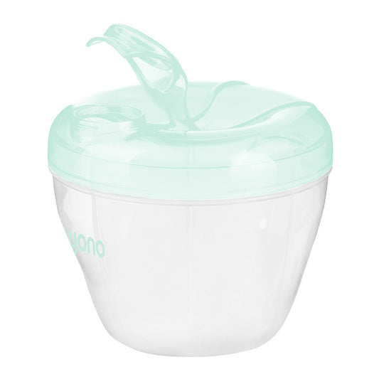 Powdered formula dispenser with mint-green lid and clear container