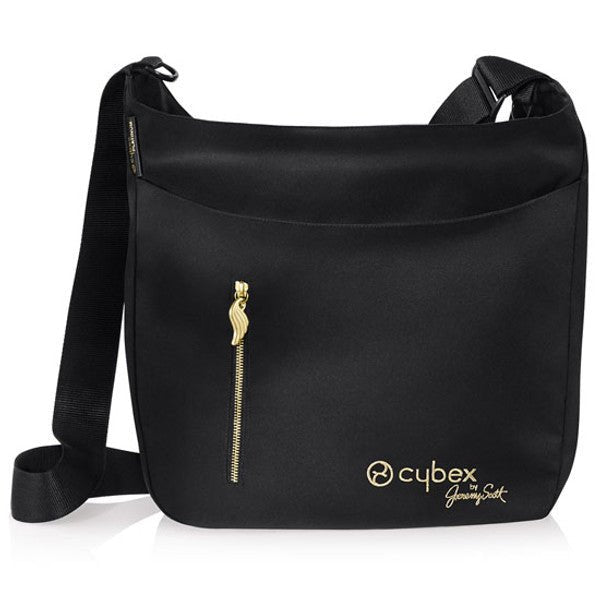 Black changing bag with gold zipper, side strap, and cybex Jeremy Scott logo