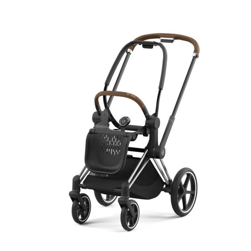 Chrome stroller frame with brown handle trim and black seat