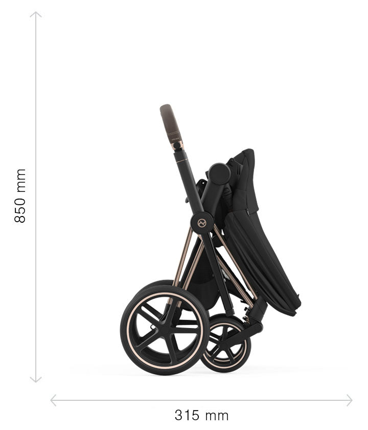 Baby stroller with black seat and canopy, black frame, and large front wheels