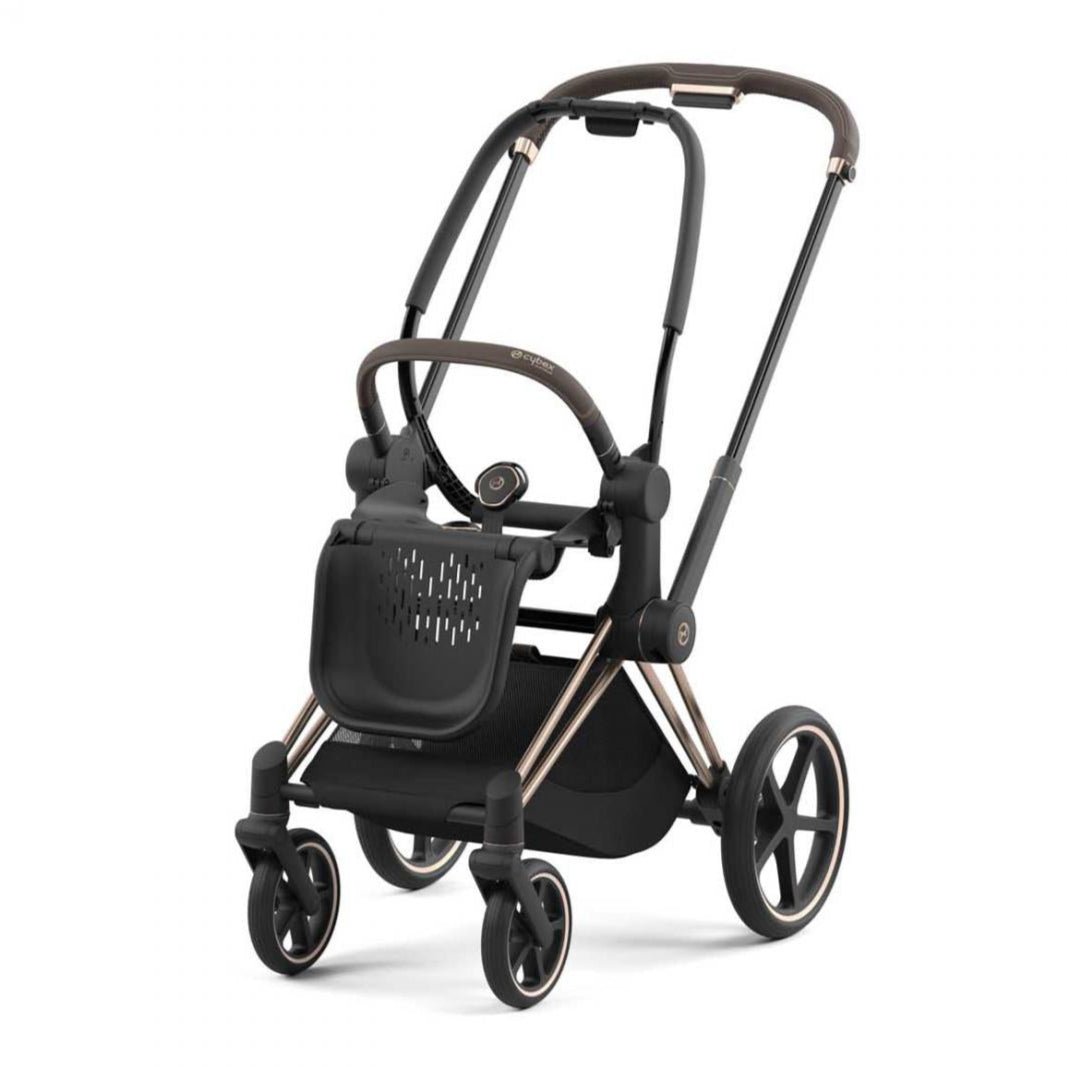Stroller with black seat and canopy, black frame with rose-gold trim, front wheels