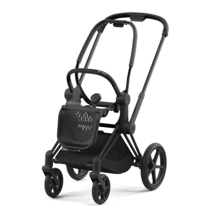 Black baby stroller with black seat and canopy, front three-quarter view