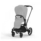 Matt black frame baby stroller with light gray seat and canopy, three-quarter view