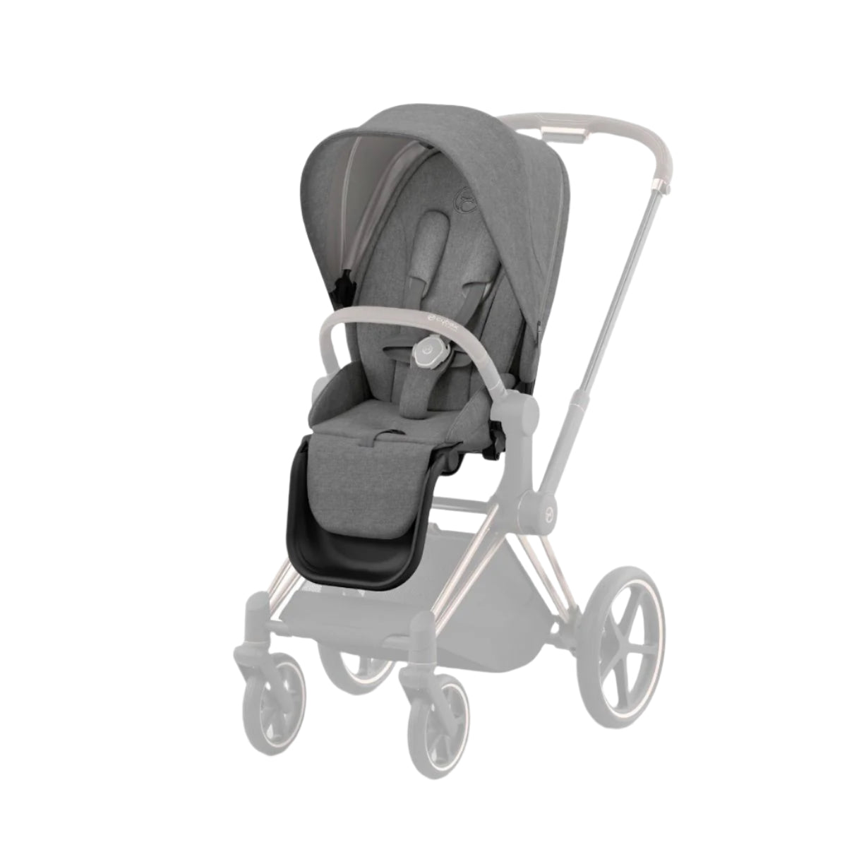 Grey stroller seat pack with padded insert and 5-point harness
