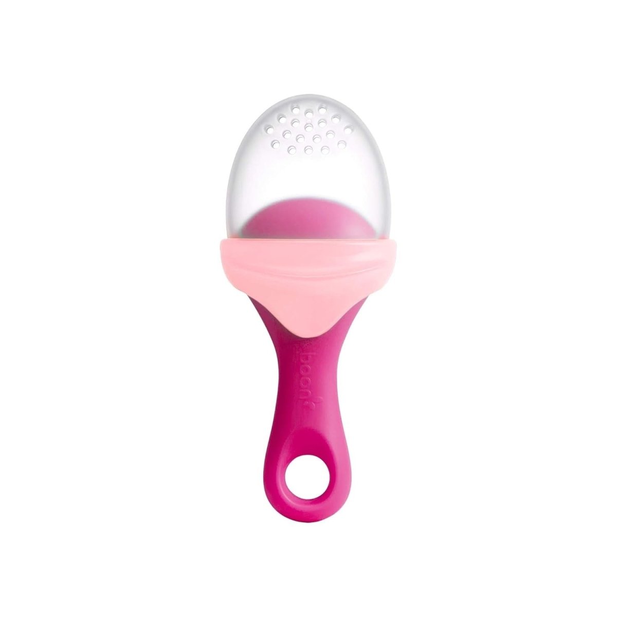 Silicone baby fruit feeder with white perforated scoop and pink handle