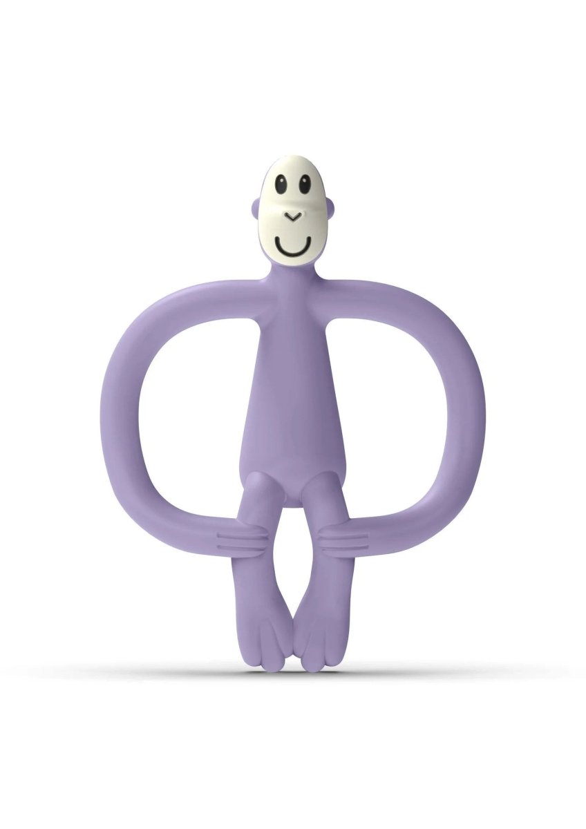 Purple baby teething toy figure with loop arms and smiling face