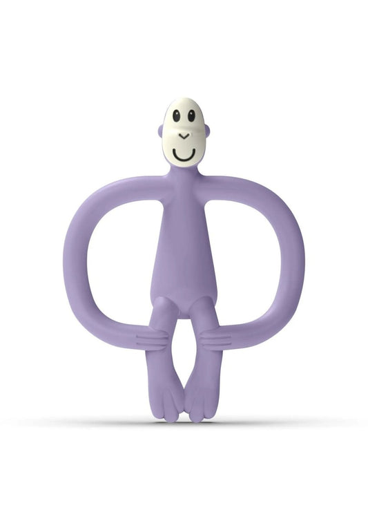 Purple baby teething toy figure with loop arms and smiling face
