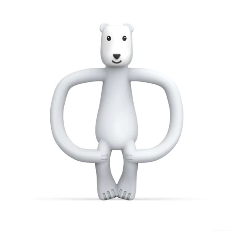 Bear-shaped teething ring toy with white figure and rounded loop handle