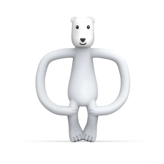 Bear-shaped teething ring toy with white figure and rounded loop handle