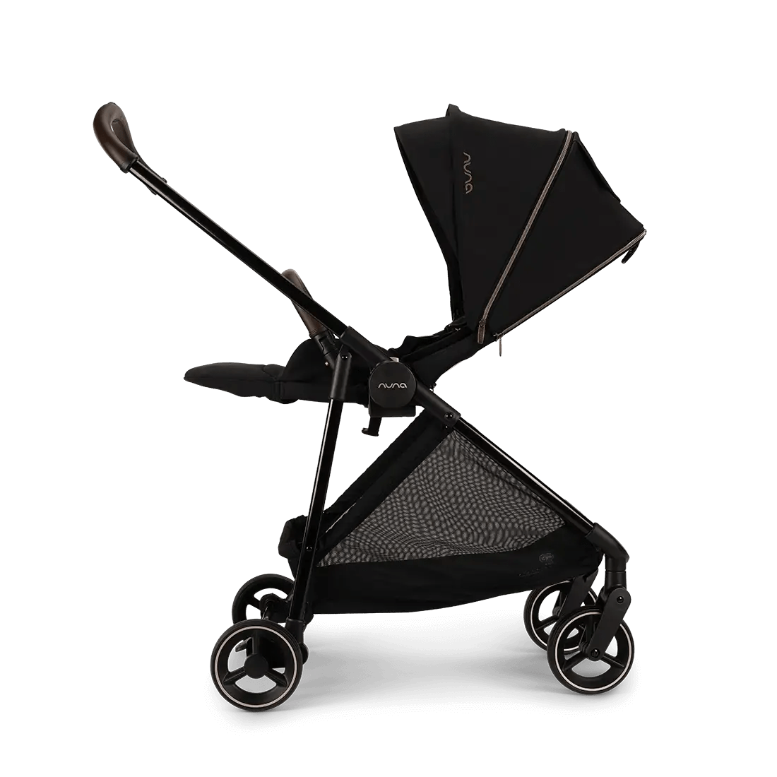 Black pushchair with canopy extension, leg rest, mesh basket, and front bumper