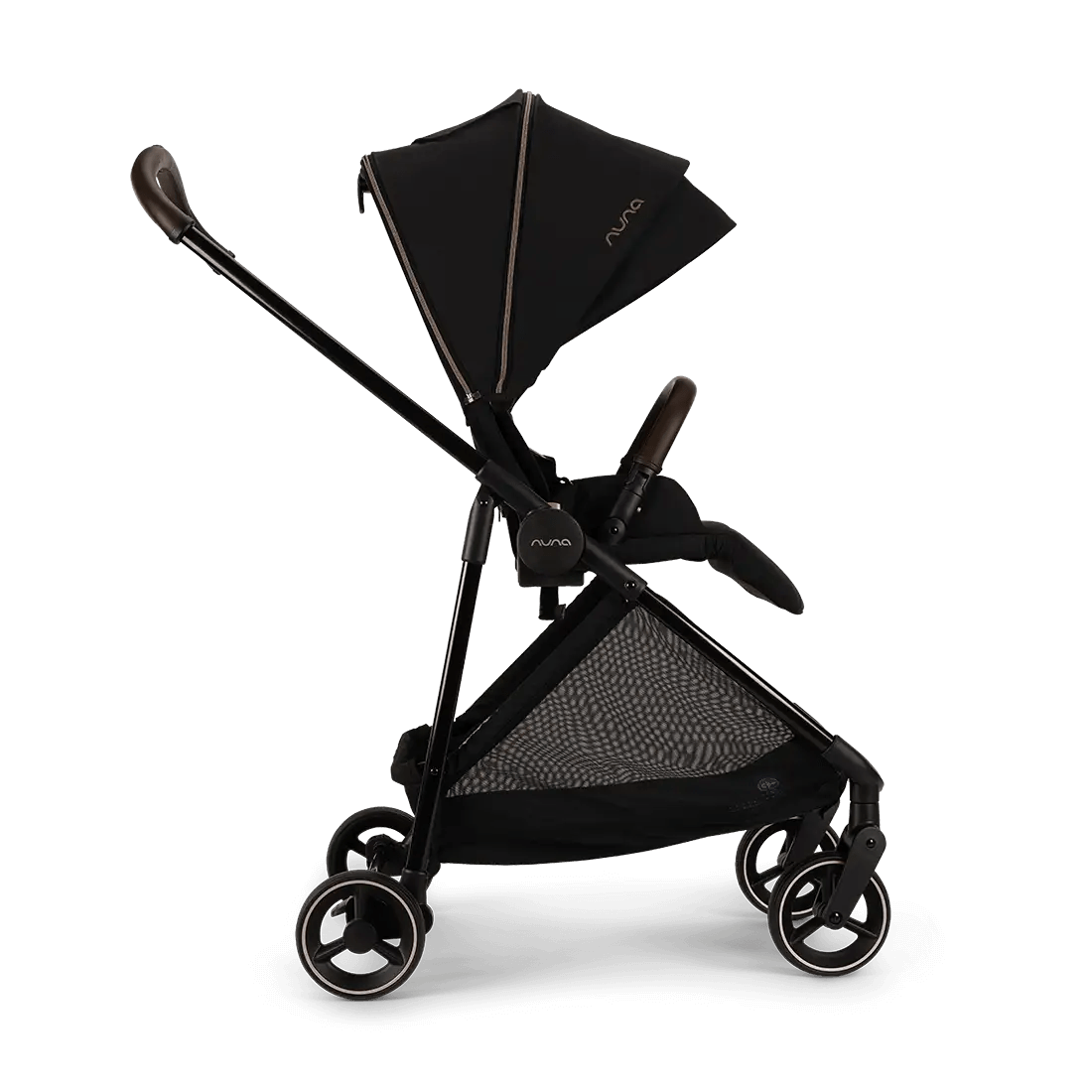 Black pushchair with canopy, mesh seat, and compact three-wheel-style frame
