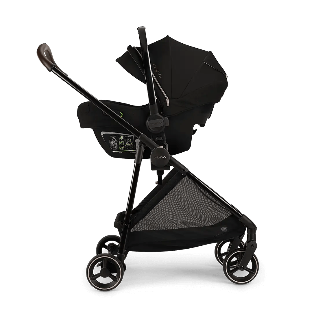 Black pushchair with canopy and front bumper, mesh basket and large front wheels