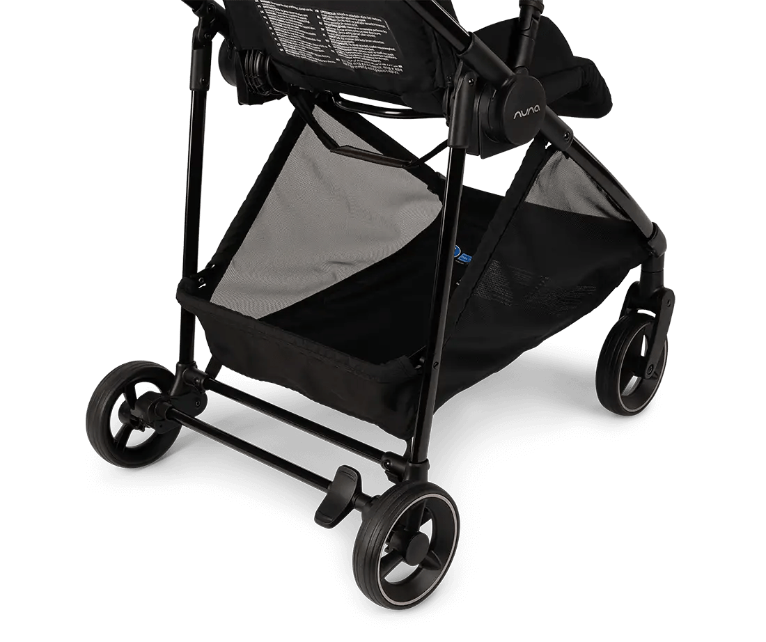 Black pushchair underside view with mesh basket and folding frame
