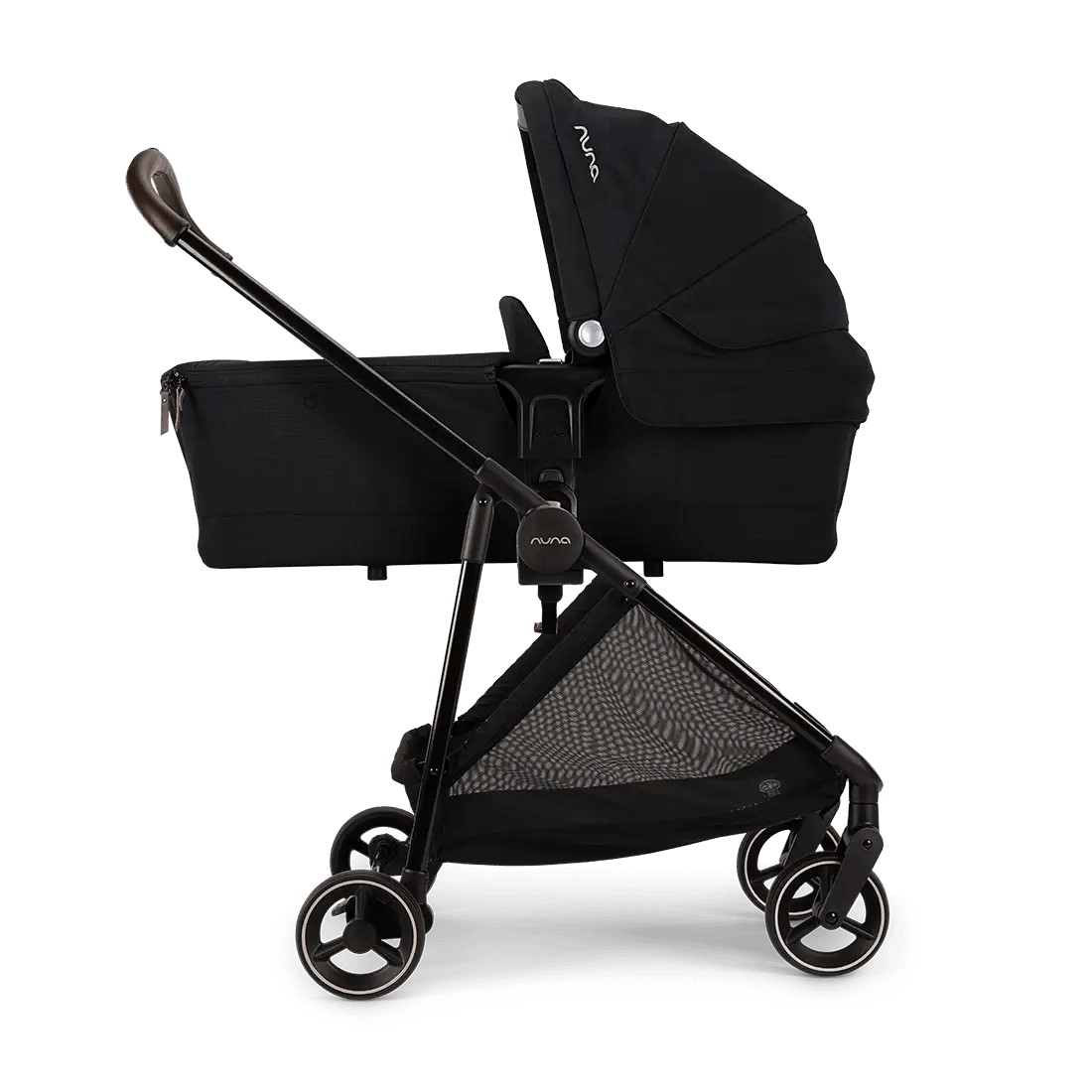 Black travel pushchair with canopy, front swivel wheels, and storage basket