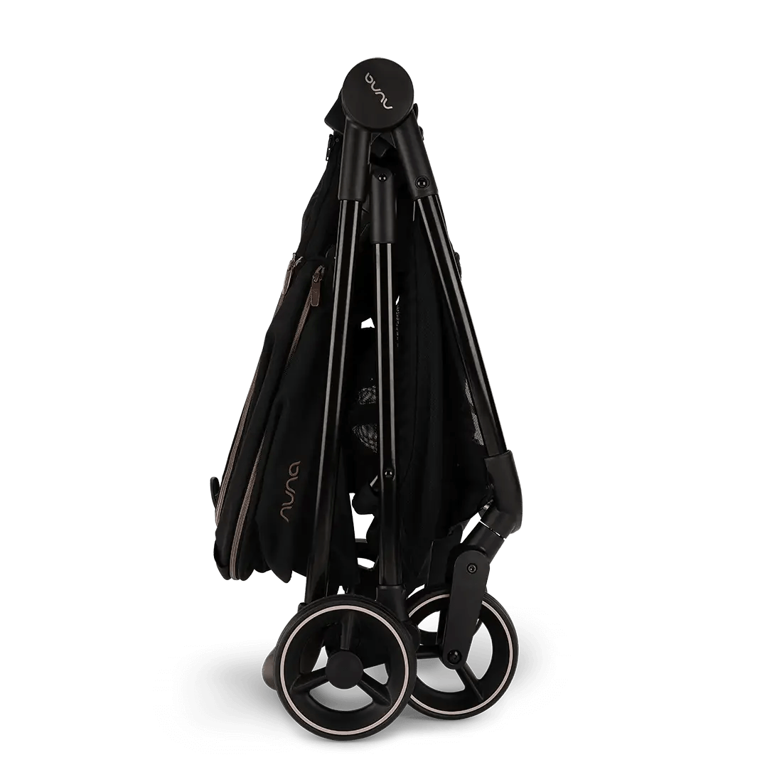 Black folded pushchair with canopy and wheels, travel-ready compact design