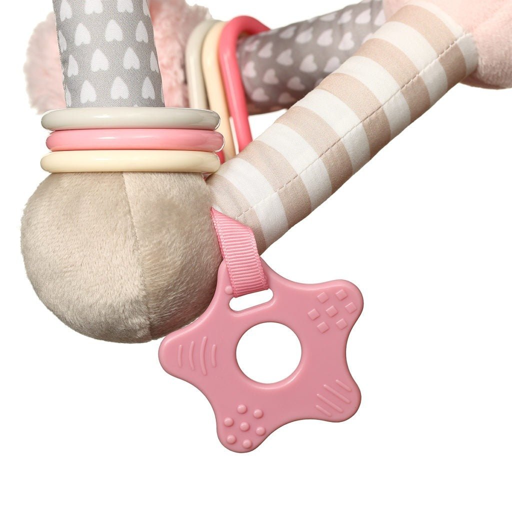 Plush pyramid toy with gray heart pattern, pink ring links, and star-shaped teether