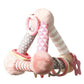 Pink plush pyramid toy with striped legs, ring links, and star teether