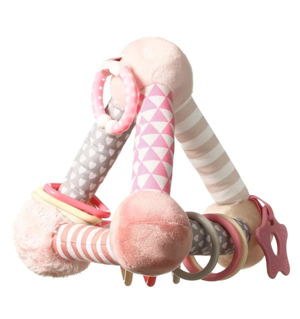 Pink plush pyramid toy with striped legs, ring links, and star teether