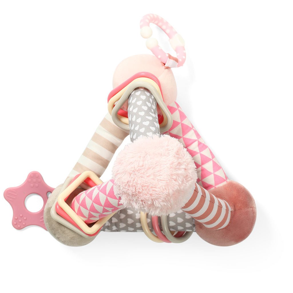 Pink-and-gray plush pyramid toy with star teether and loop rings on striped legs