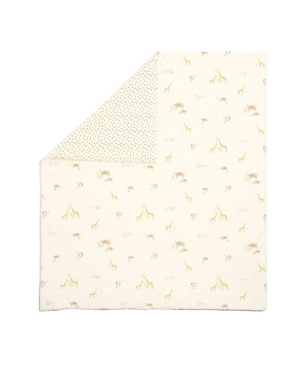 Cream 25 tog quilt with small jungle animal print, folded corner view