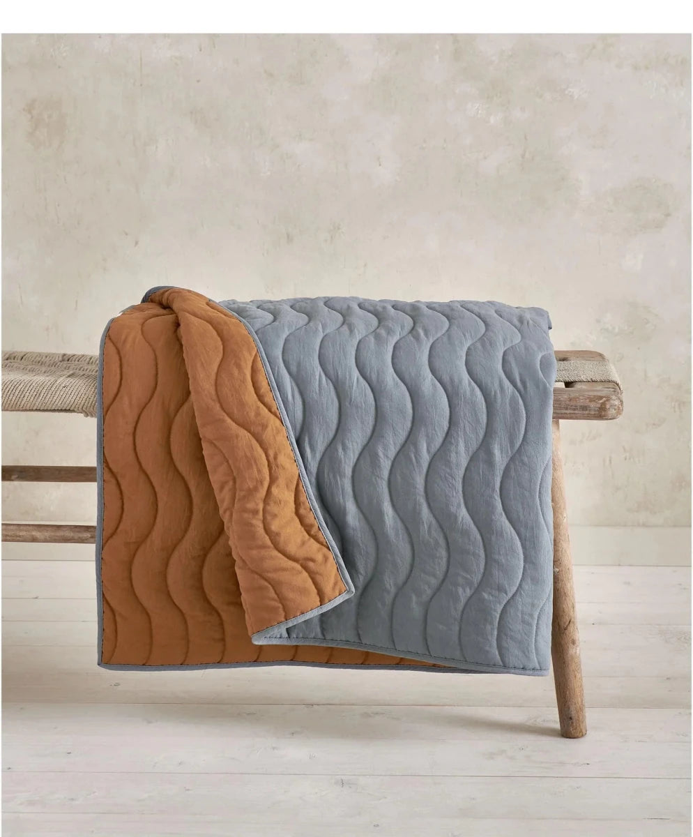 Wave quilt with light blue front and brown reverse, quilted wavy stitch and edge trim