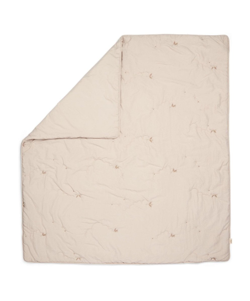 Soft taupe baby quilt with corner seam and allover tiny stitched motif details