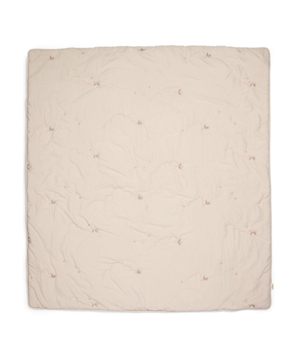 Soft taupe baby quilt with allover tiny stitched stars and bird motifs