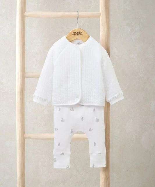 3-piece baby outfit set: white quilted jacket and bunny-print pants