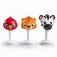 Three animal baby take-along rattles: red bird, orange tiger, black-white zebra dog