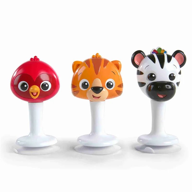 Three animal baby take-along rattles: red bird, orange tiger, black-white zebra dog