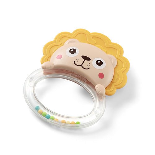 Lion rattle toy with clear ring, colorful beads, lion face handle