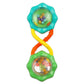 Barbell rattle toy with turquoise end discs, orange and yellow handle, bead-filled shells