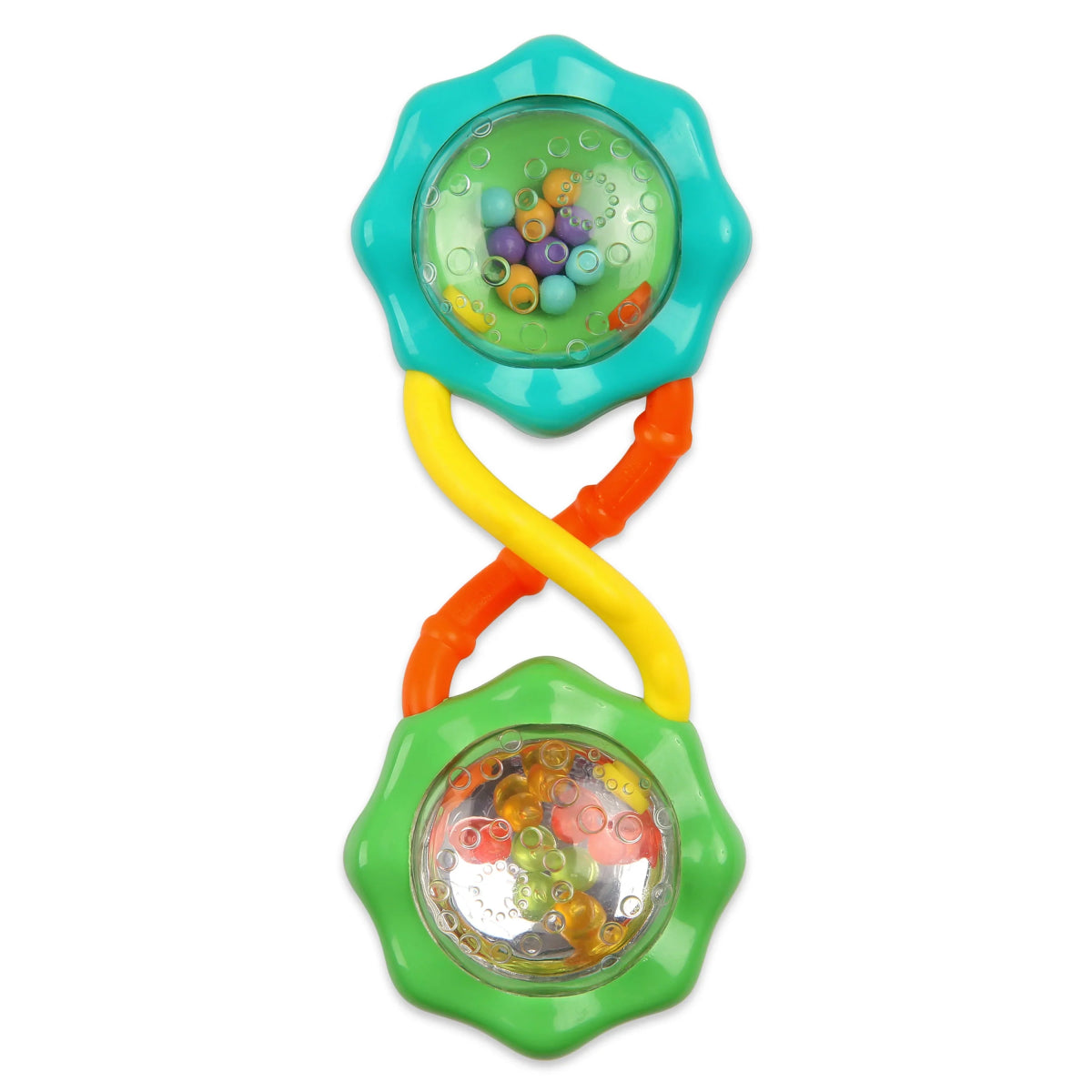 Barbell rattle toy with turquoise end discs, orange and yellow handle, bead-filled shells