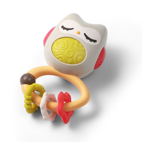 Baby sound rattle toy with character face, white and red head, yellow handle